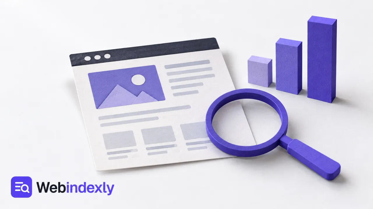A website page sheet, abstract chart bars and a magnifying glass.
