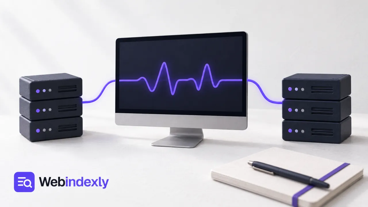 A desktop monitor and server shapes linked by a violet pulse ribbon.