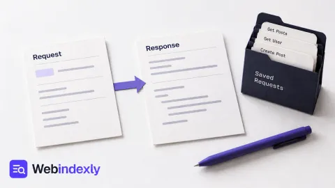 Request and response document sheets joined by a violet connector.