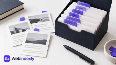 Saved-page cards with violet bookmark tabs in a filing folder.