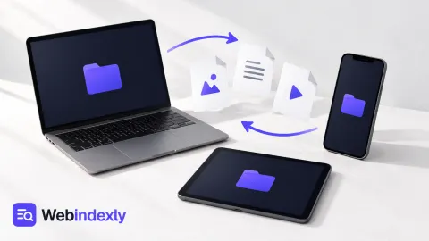File sheets passing between a phone, tablet and laptop.