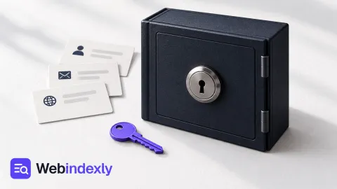 A dark password vault, a violet key and blank login cards.