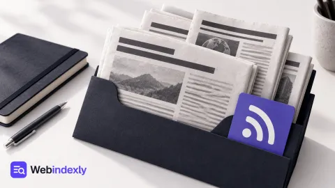 Folded article sheets arranged in a reading folder with a feed symbol.