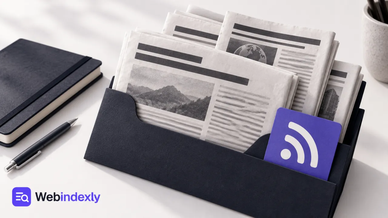 Folded article sheets arranged in a reading folder with a feed symbol.