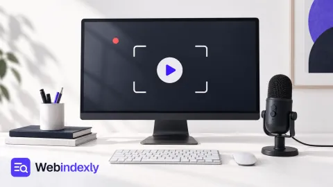 A desktop monitor, microphone and video frame representing screen recording.