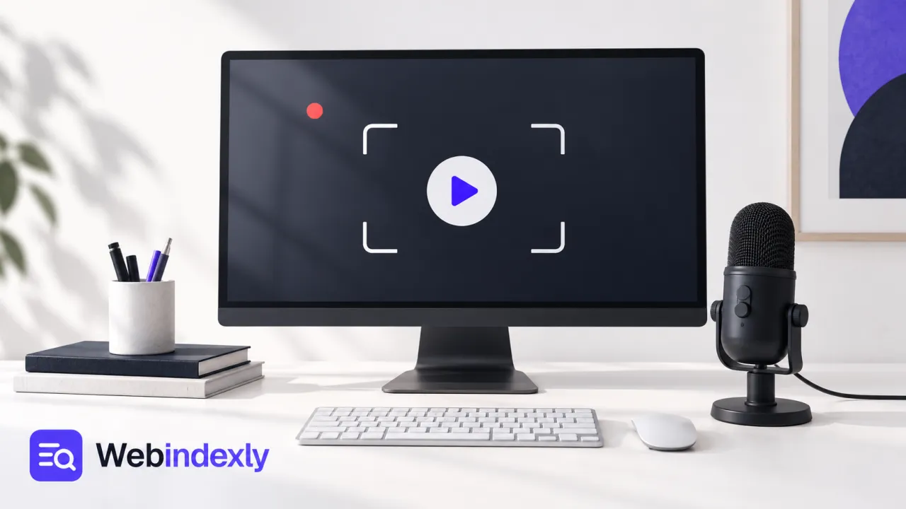 A desktop monitor, microphone and video frame representing screen recording.