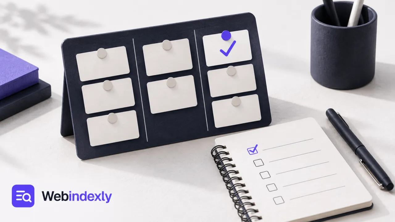 Task slips on a project board beside a checklist notebook.
