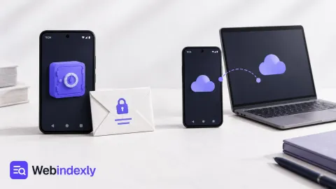 A phone vault with a backup envelope beside linked phone and laptop objects.