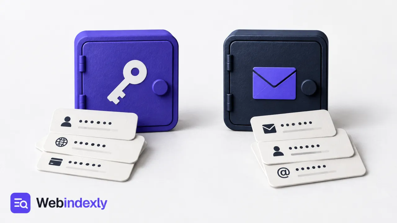 Two password vaults paired with a key and an email envelope.