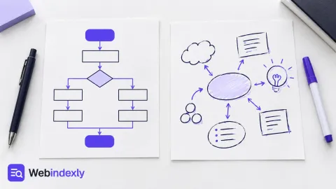 A precise paper flowchart beside a loose visual brainstorming sketch.