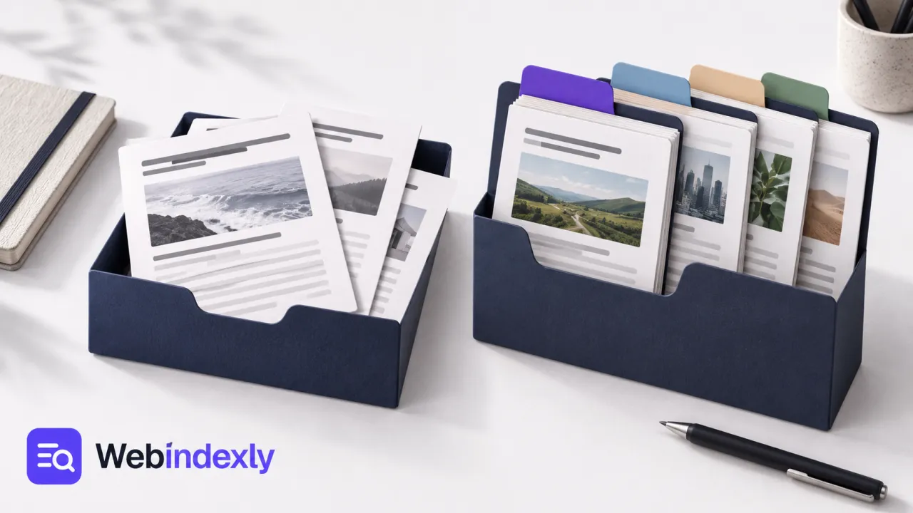 A focused reading folder beside tabbed folders of sorted articles.