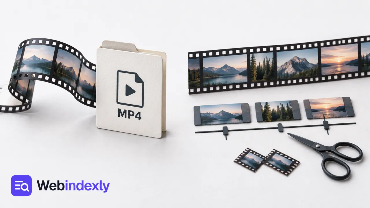 A filmstrip entering an MP4 folder beside film clips on an editing timeline.