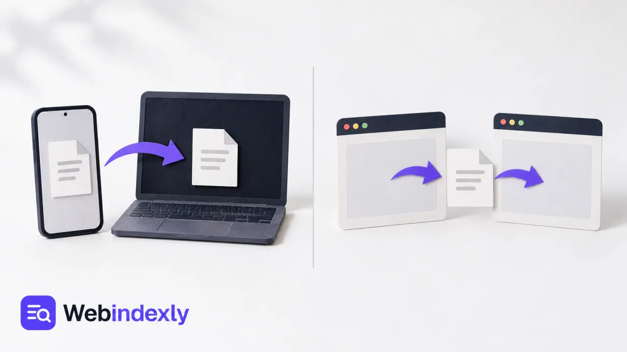 File sheets passing between devices and between conceptual browser frames.