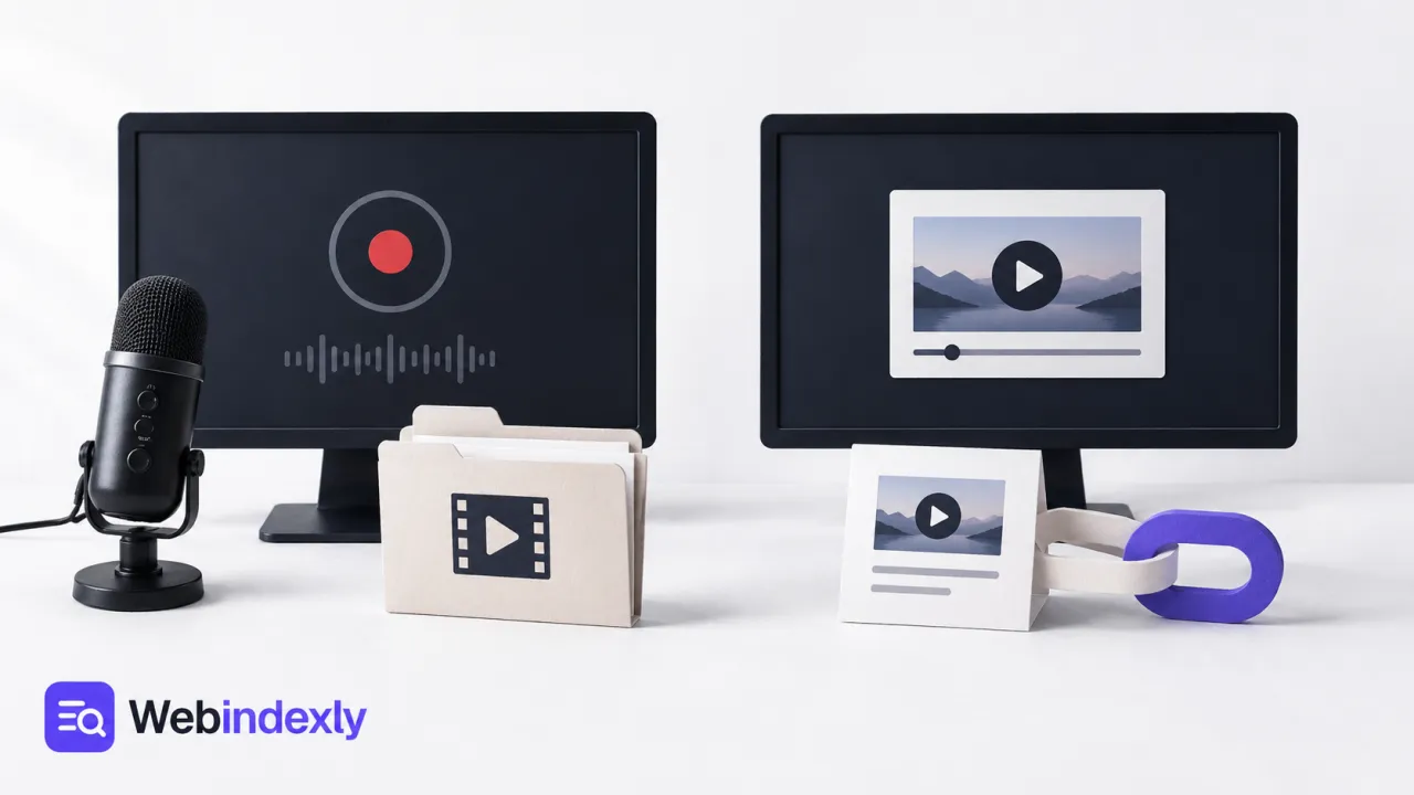 A local recording setup beside a video sheet connected to a link symbol.
