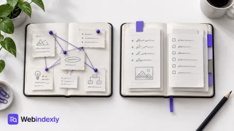 Connected note cards beside a notebook organized with violet tabs.