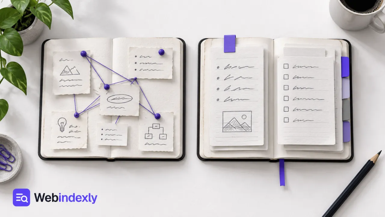 Connected note cards beside a notebook organized with violet tabs.