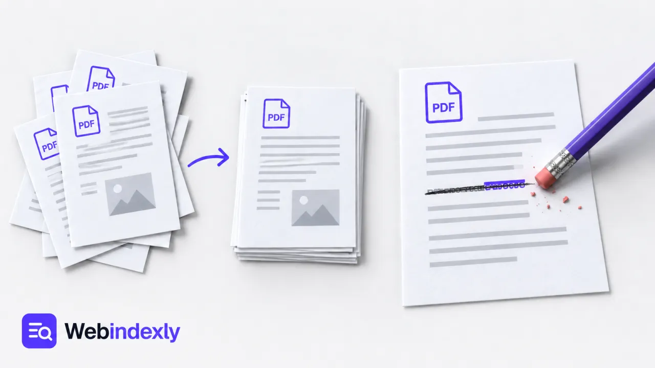 A stack of reorganized PDF pages beside a document being corrected.