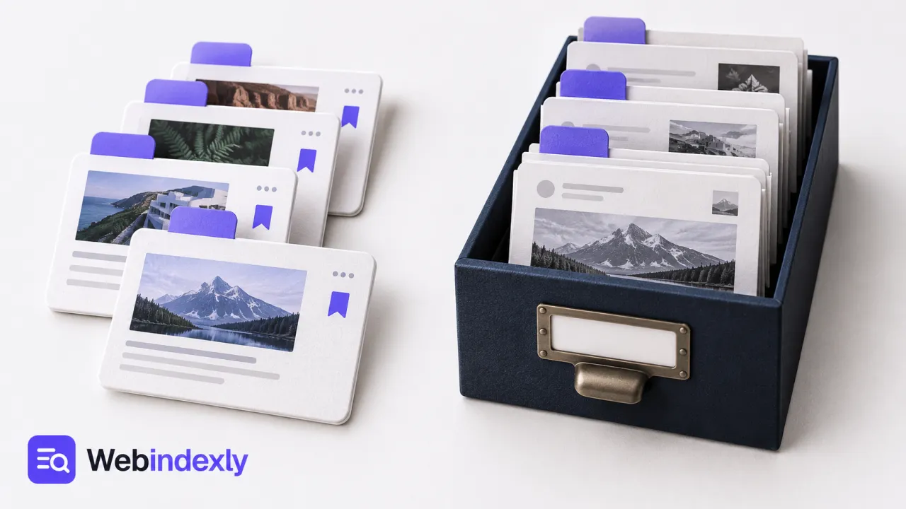 Saved-page cards beside a sturdy drawer of archived page copies.