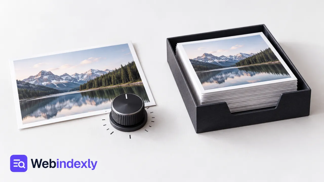 One picture with an adjustment dial beside a tray of photo prints.