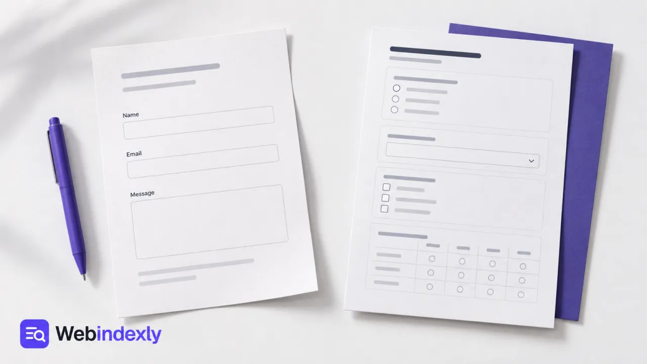 A flowing blank form beside a structured form and response-grid sheet.