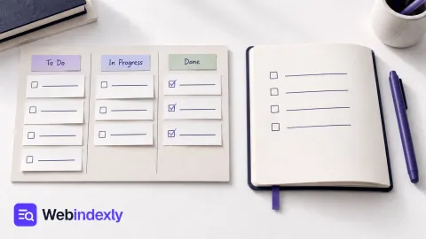 A structured paper project board beside a simple checklist notebook.