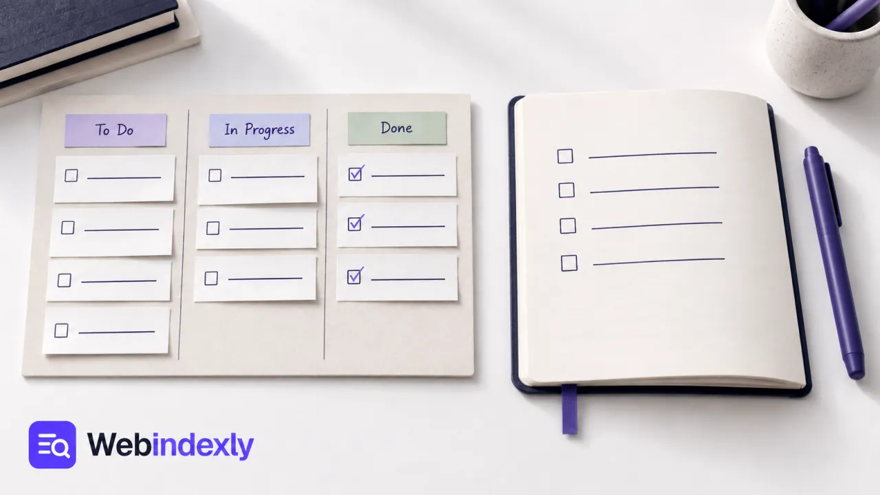 A structured paper project board beside a simple checklist notebook.