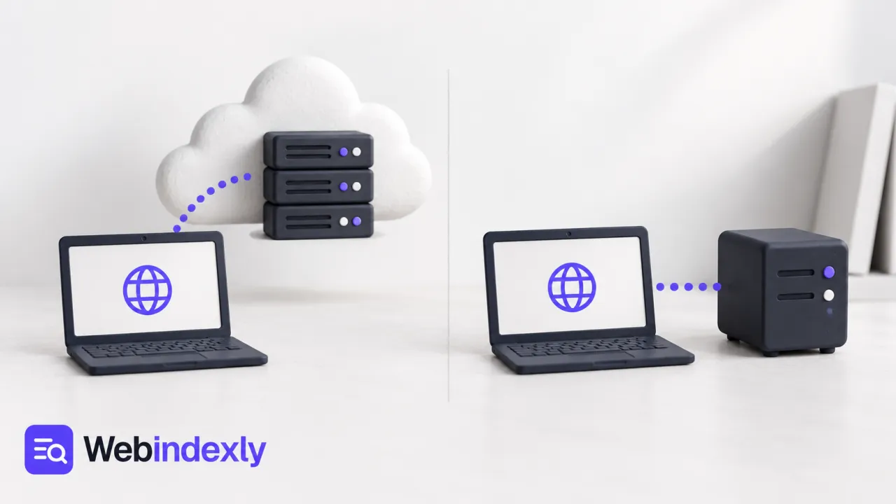 Website monitors paired with a distant server and a nearby local server.