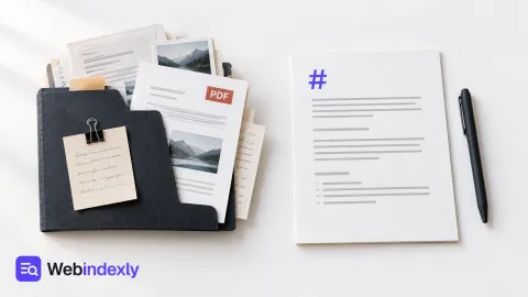 A writing folder with an exported PDF beside a focused Markdown page.
