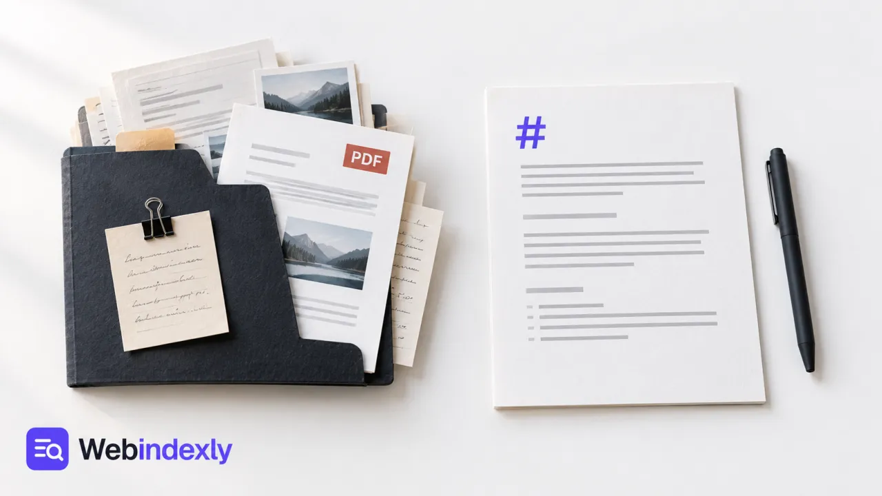 A writing folder with an exported PDF beside a focused Markdown page.