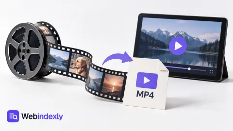 A video filmstrip leading to an MP4 file card and a playback symbol.