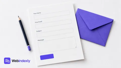 A blank four-field paper contact form beside a violet reply envelope.
