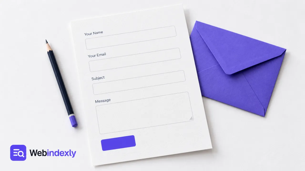 A blank four-field paper contact form beside a violet reply envelope.