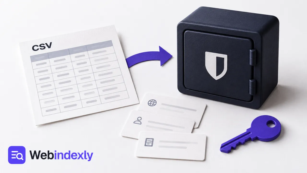 A blank CSV grid sheet passing toward a password vault with a violet key.