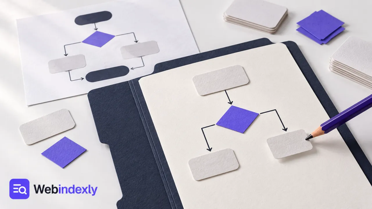 Paper flowchart tiles with a violet decision diamond and a pencil.