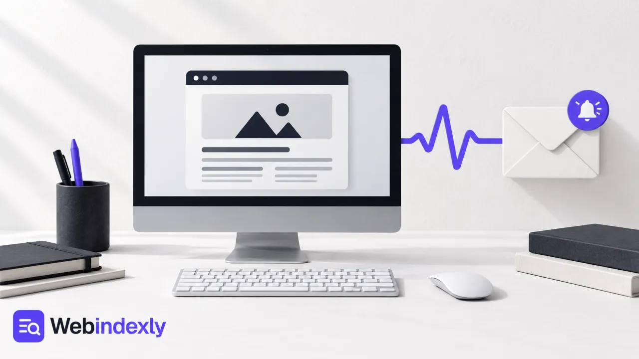 A website monitor connected by a pulse ribbon to an alert envelope.