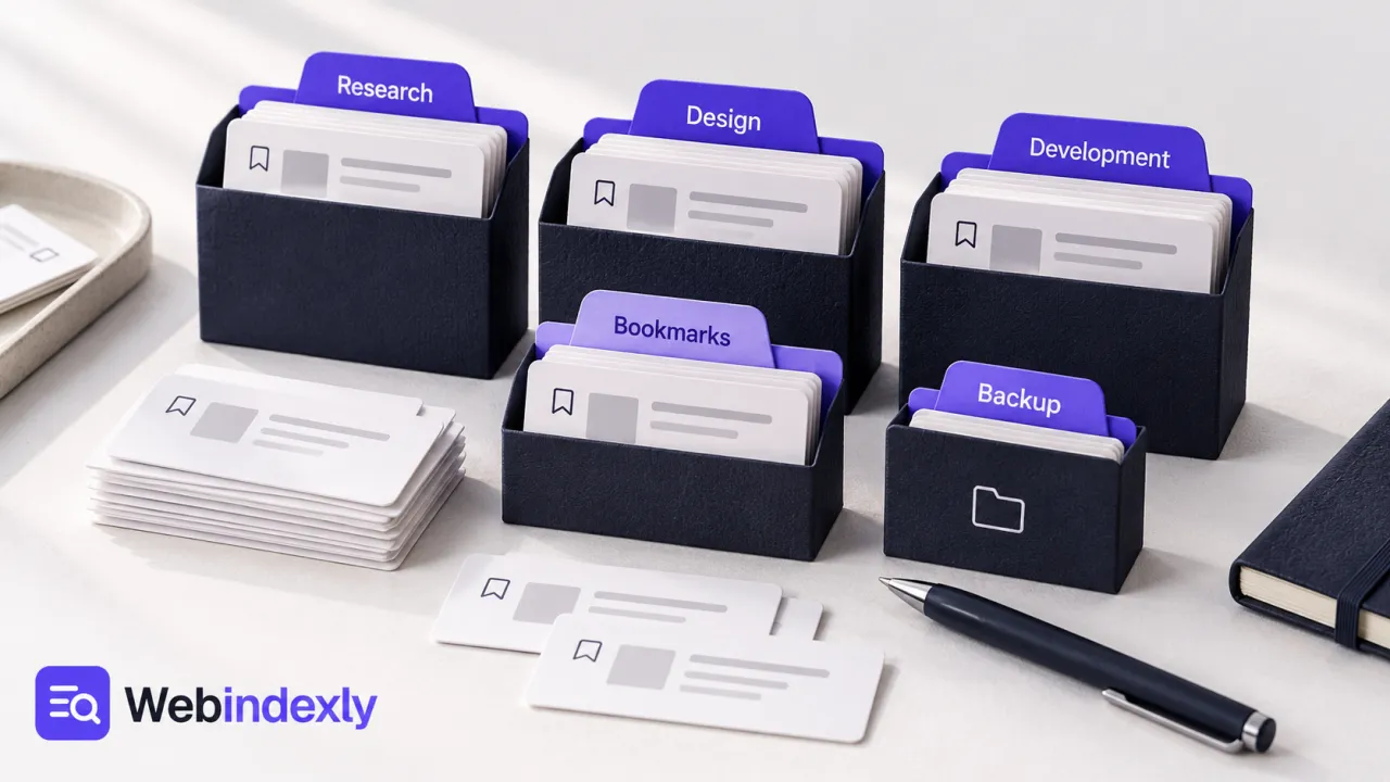 Saved-page cards sorted into violet-tabbed project folders.
