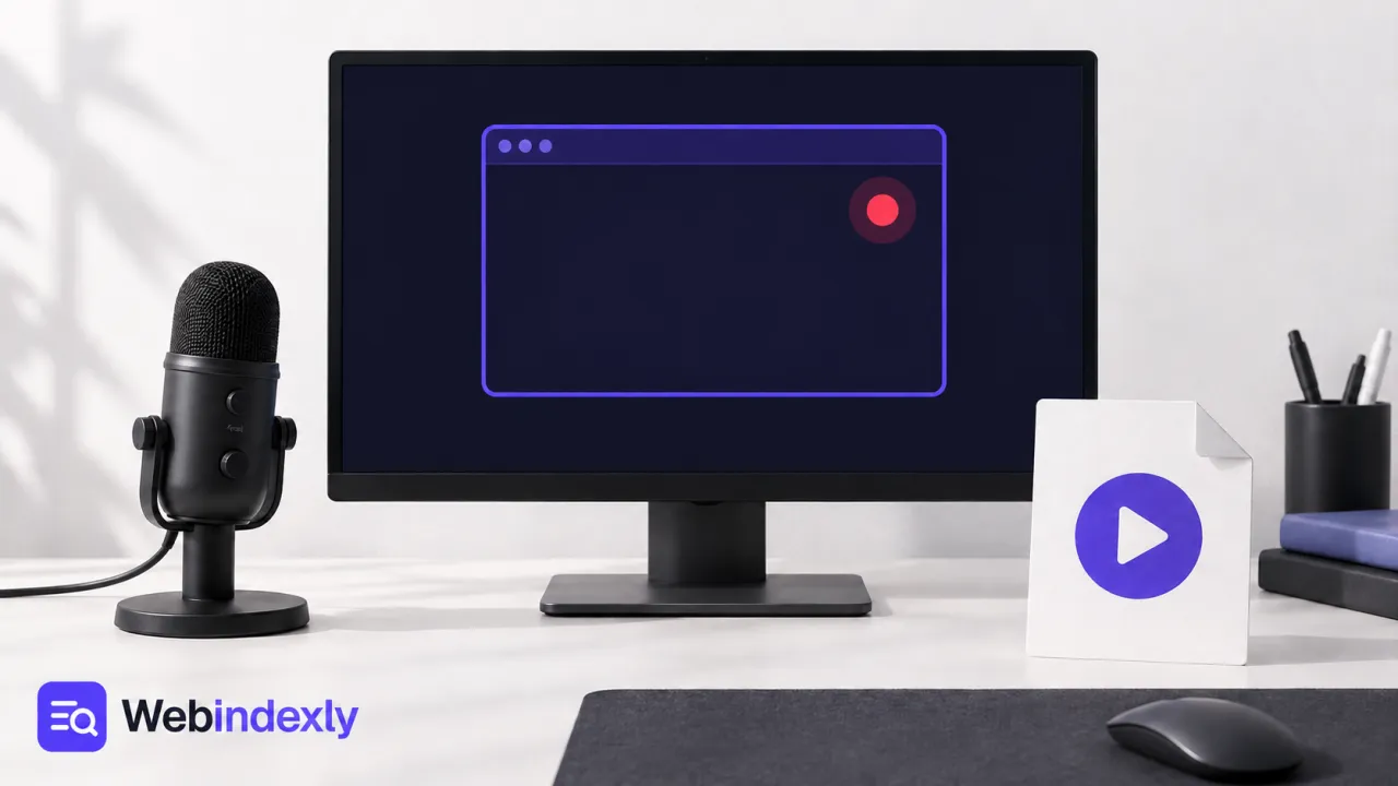 A monitor, microphone and saved video card representing a window recording.