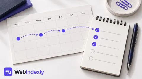 A paper calendar and checklist joined by a violet repeat strip.