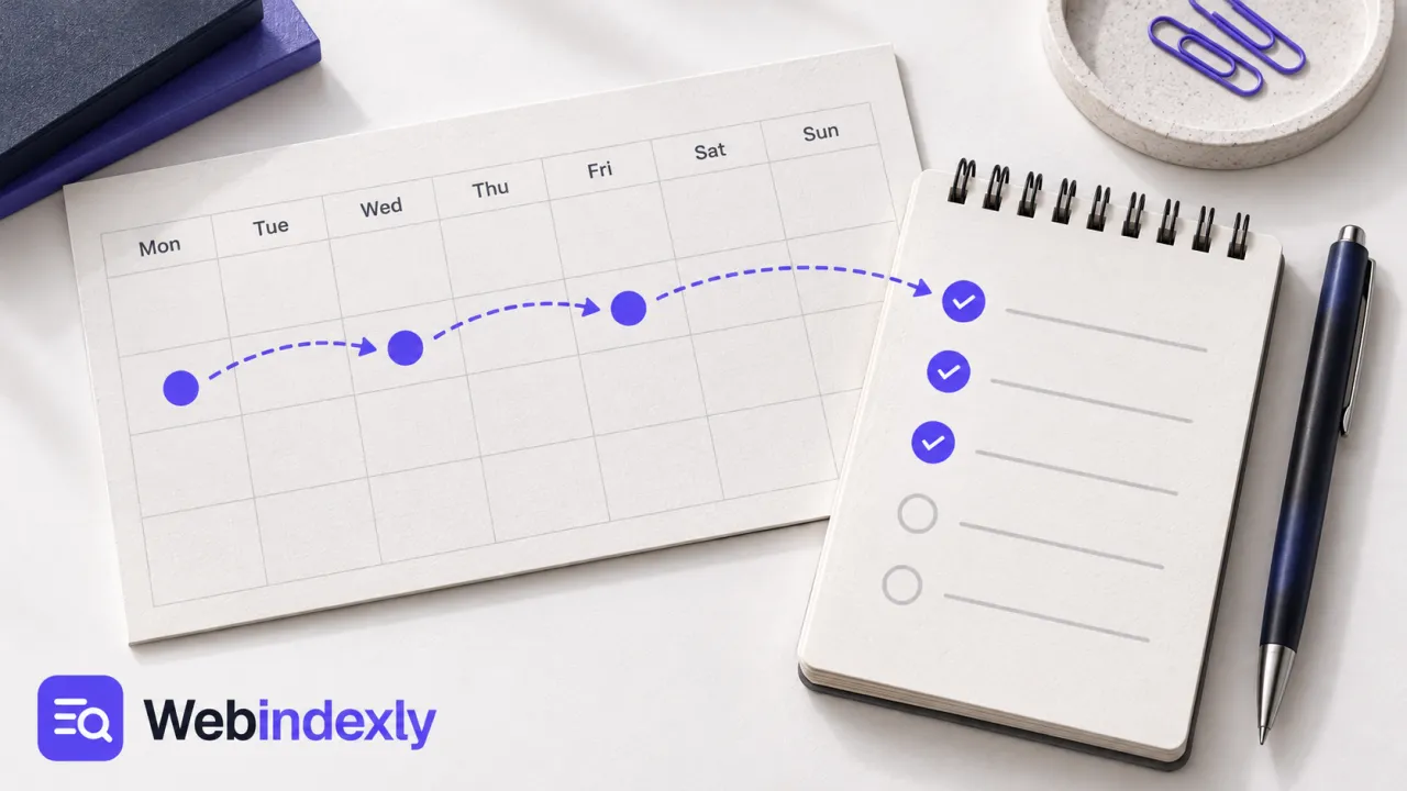 A paper calendar and checklist joined by a violet repeat strip.