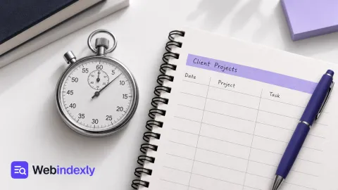 A stopwatch beside a ruled project work log with a violet divider.