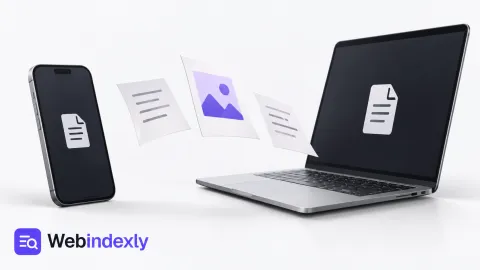 Document and photo sheets passing from a phone to a laptop.