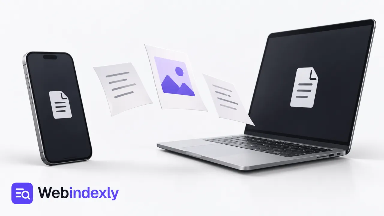Document and photo sheets passing from a phone to a laptop.