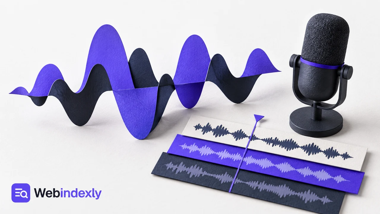 Paper sound waves and layered tracks beside a microphone.