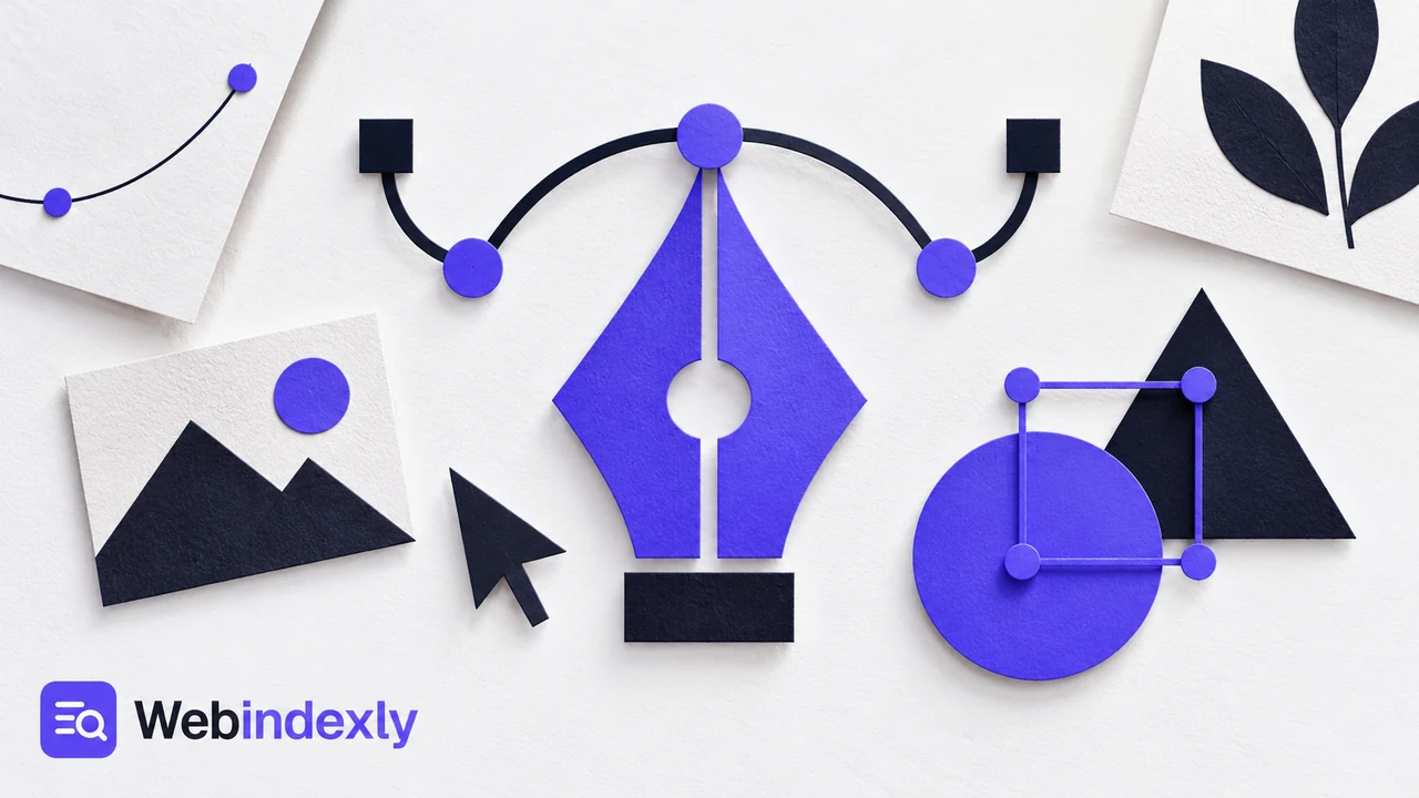Paper vector curves, control points and geometric icons.