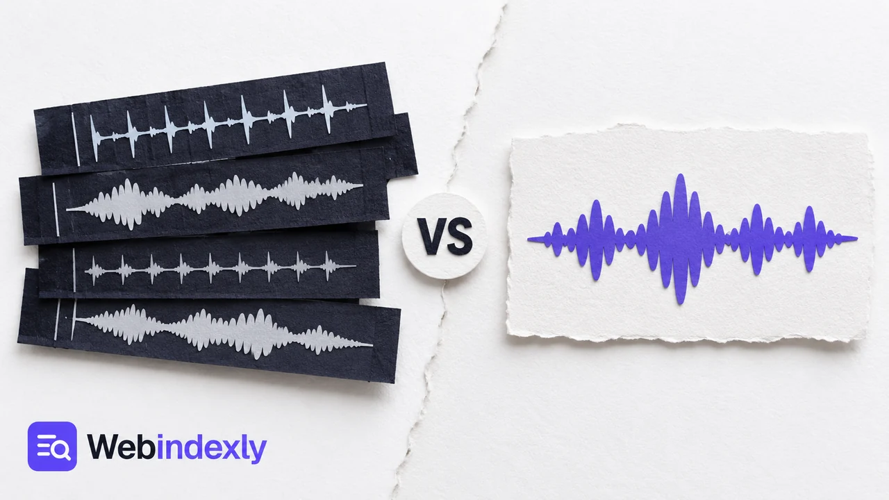 Layered paper audio tracks beside a single sound wave.