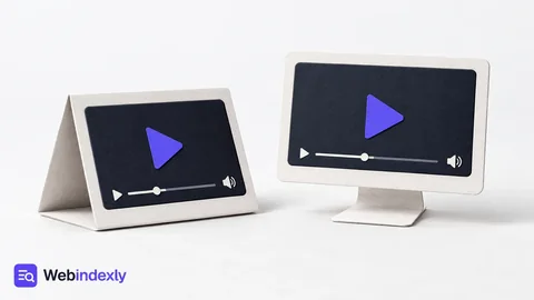 Two paper media frames with violet play symbols.
