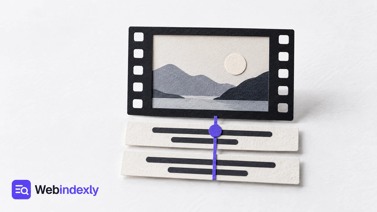 Paper video frame with aligned subtitle strips and timing marker.