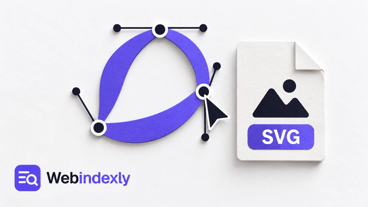Paper vector emblem with control points and a saved document.