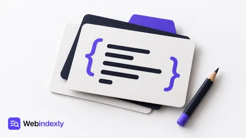 Paper code cards with violet braces beside a pencil.