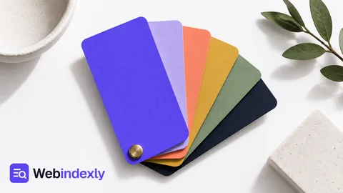 A fan of paper color swatches from violet through warm and muted tones.